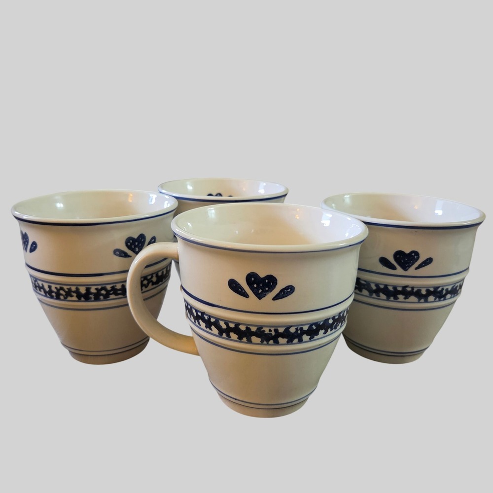 Tienshan Stoneware Blue Hearts Mugs Set of 4 Cream Cottagecore Coffee Cups VTG